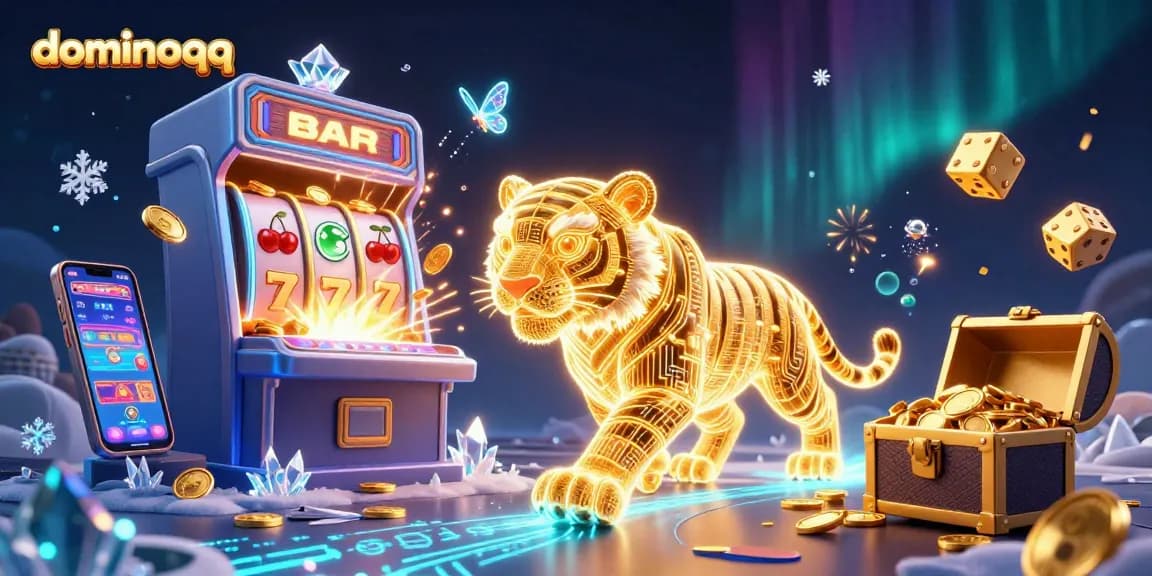 Experience the thrill of dominoqq with a neon tiger and jackpot explosion in this vibrant casino scene.