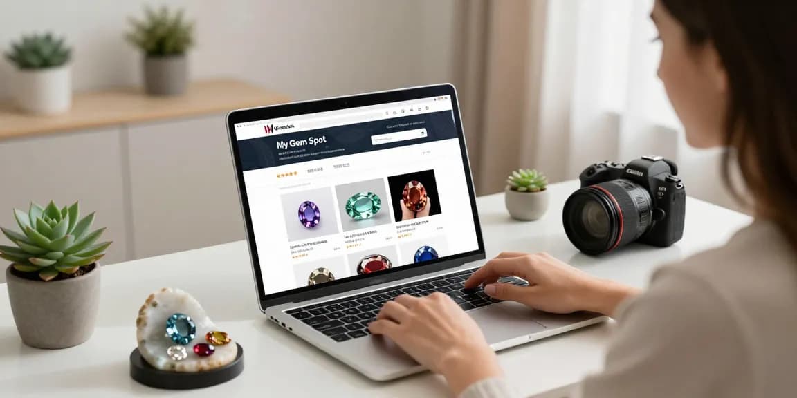 Discover curated recommendations on https://www.mygemspot.com with a woman shopping for high-quality gemstones in a stylish home office.
