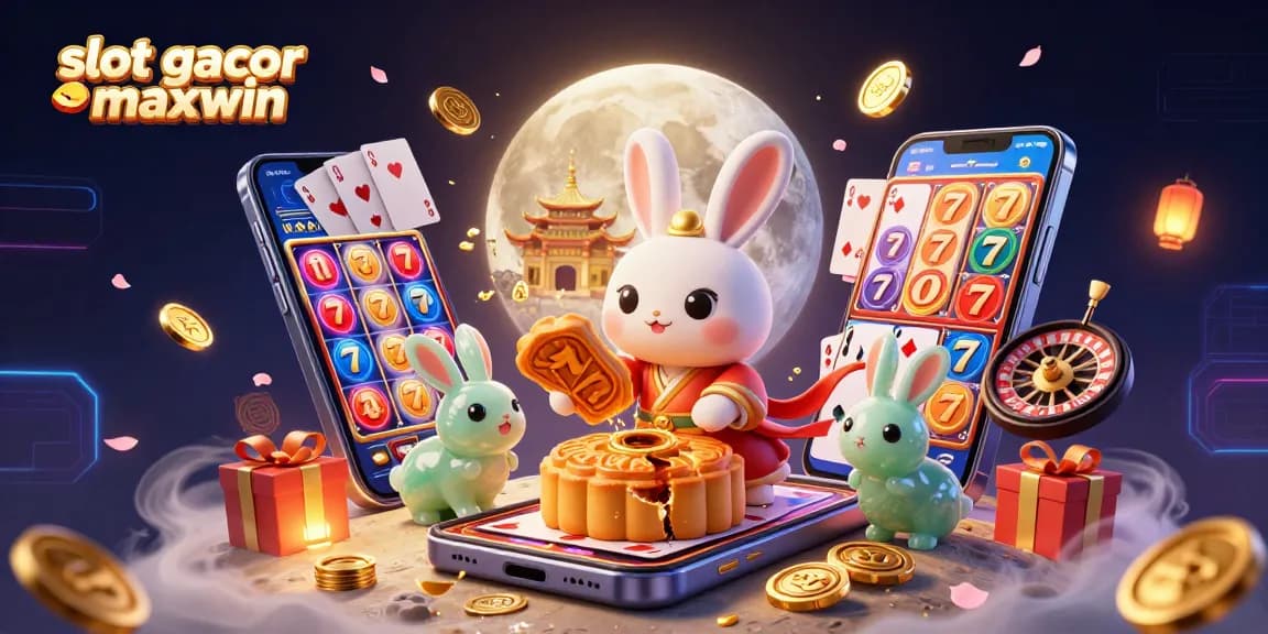 Win big with slot gacor maxwin! A vibrant illustration of a moon rabbit amid rich casino elements, perfect for online gaming.