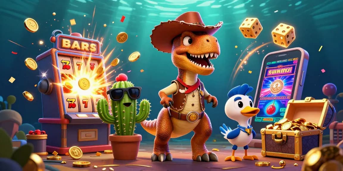 Engage with keongtogel's vibrant 3D illustration featuring a dinosaur cowboy and dynamic casino elements.