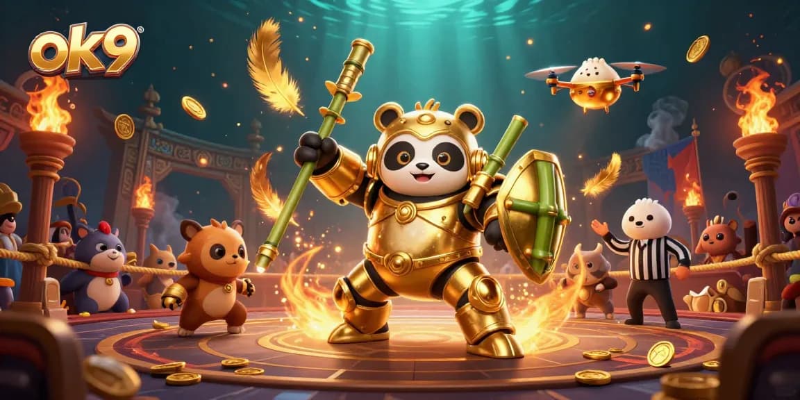 Engage in thrilling casino action with ok9’s vibrant mech-suit panda fighting robot in a dynamic gambling arena.