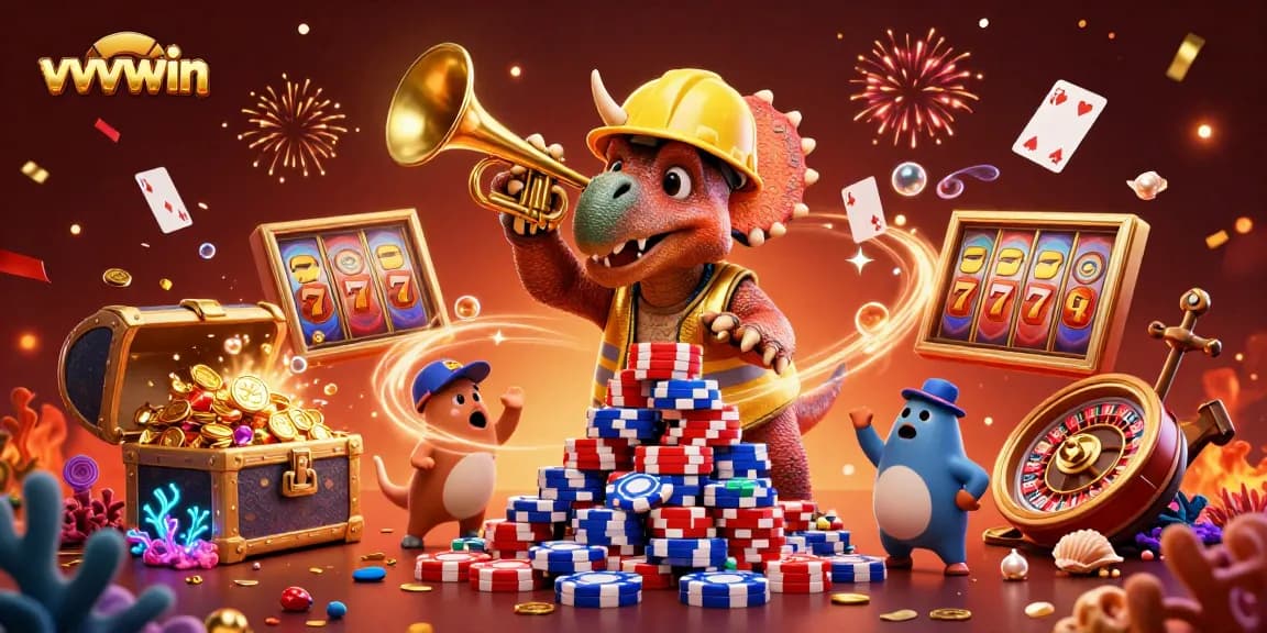 Engage with vvvwin's vibrant casino world featuring cartoon characters celebrating a jackpot.