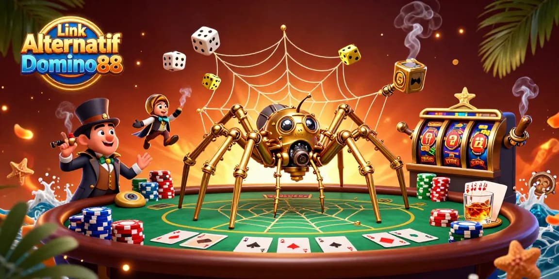 Win big at Link Alternatif Domino88 with a colorful 3D casino illustration showcasing vibrant poker elements.