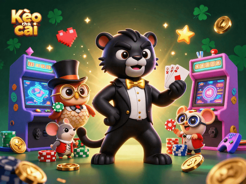 Kèo nhà cái showcases a stylish black panther dealing cards in a vibrant gaming scene