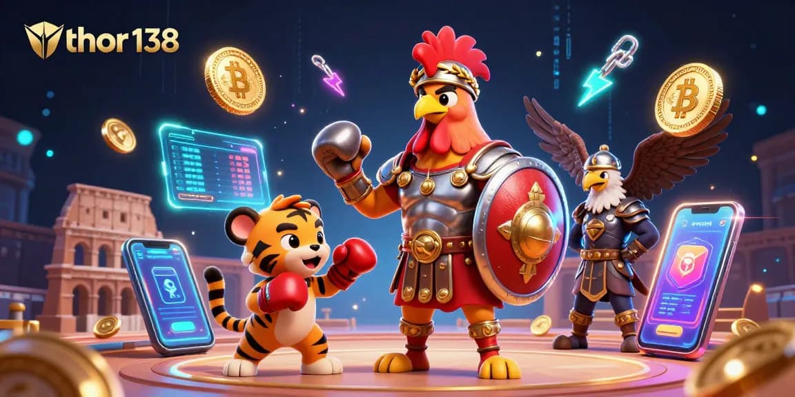 Menangkan bertaruh dengan thor 138, ilustrasi kasino digital menampilkan ayam jantan dan elemen crypto.
