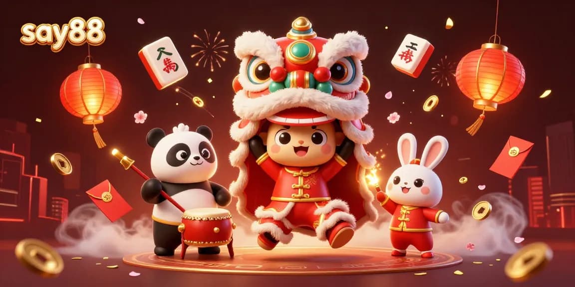 Experience excitement at say88 with vibrant 3D casino festivities featuring a lion dance and rich decorations.