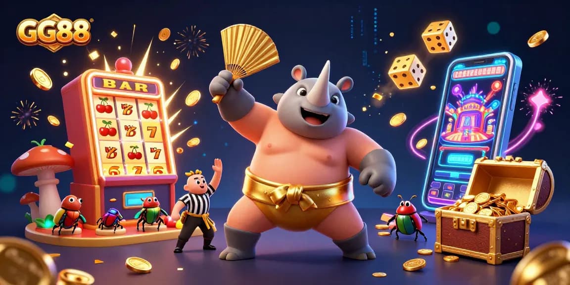 Experience GG88 with a dynamic betting scene featuring a rhinoceros beetle sumo champion amidst casino excitement.