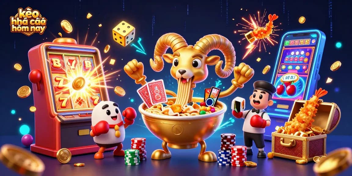 Engage with kèo nhà cái hôm nay in a vibrant, animated casino scene filled with exciting game elements.