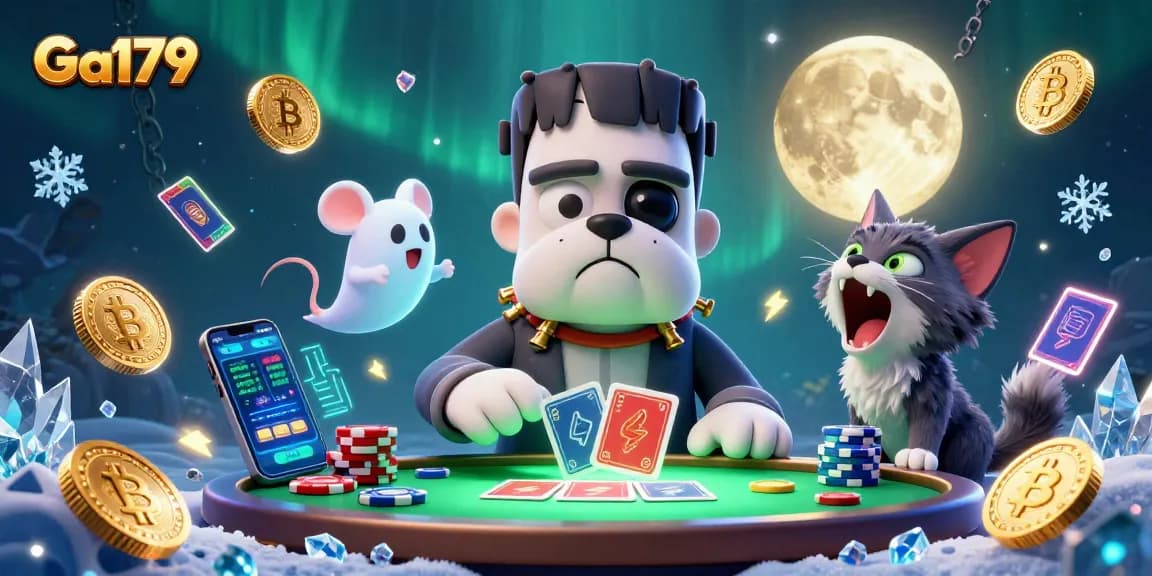 Ga179 showcases an action-packed scene with a bulldog monster dealing cards at a haunted casino table.