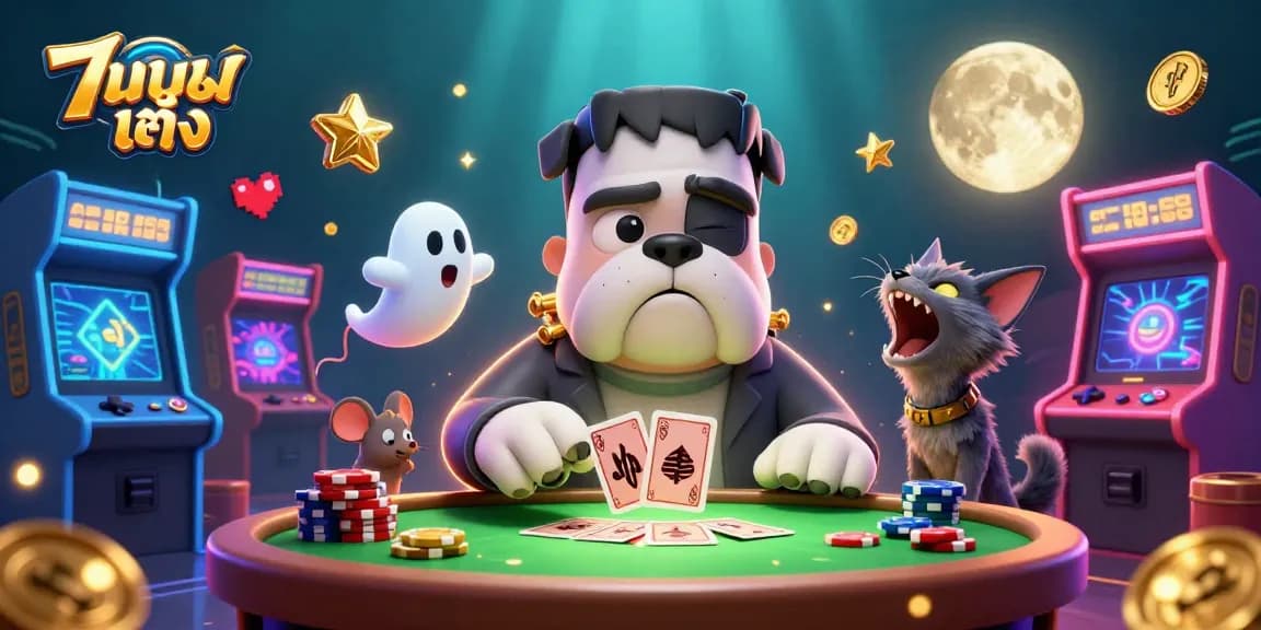 Engage in แทงบอลเต็ง at a magical casino table, featuring a bulldog dealer and vibrant digital elements.