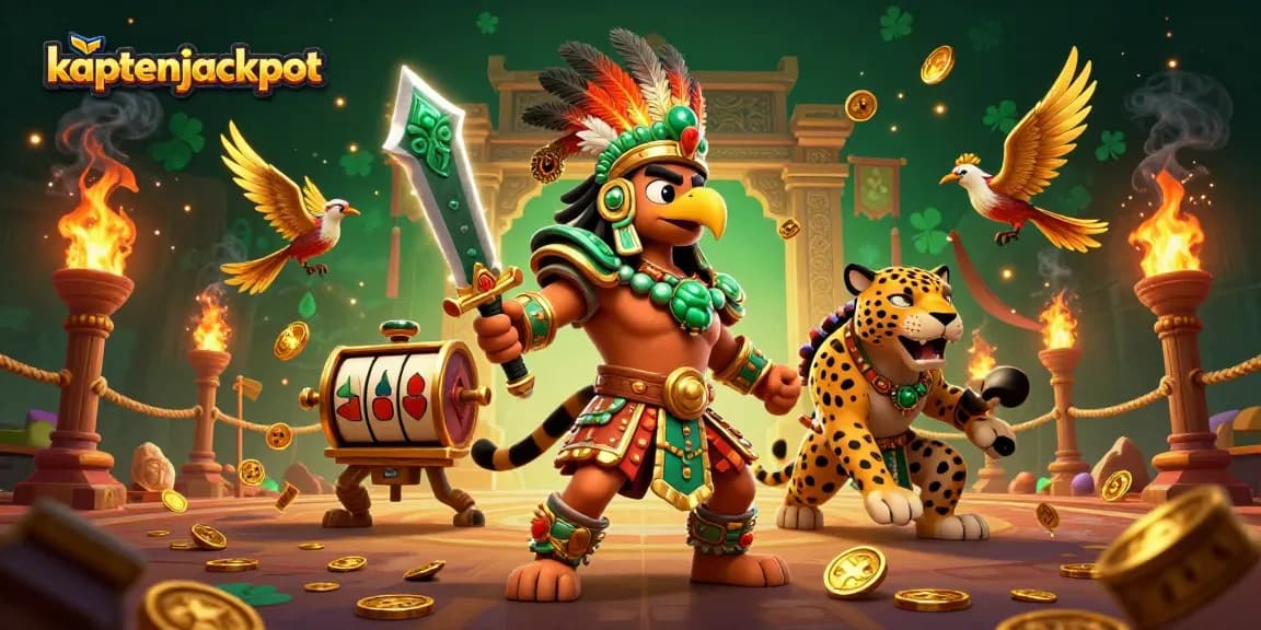 Experience thrilling wins with kaptenjackpot in an epic 3D casino battle featuring Aztec warriors and slot reels.