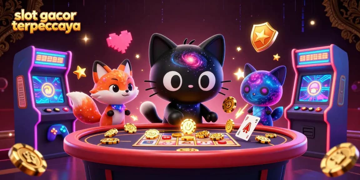 Visualisasi menarik slot gacor terpercaya dengan simbol jackpot, kucing hitam galaksi, dan efek neon.