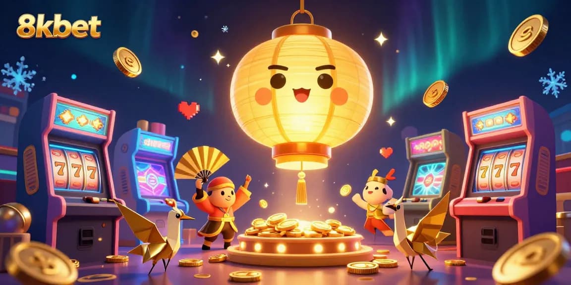 Experience vibrant gaming thrills with 8kbet's colorful casino illustration featuring lucky symbols and game elements.