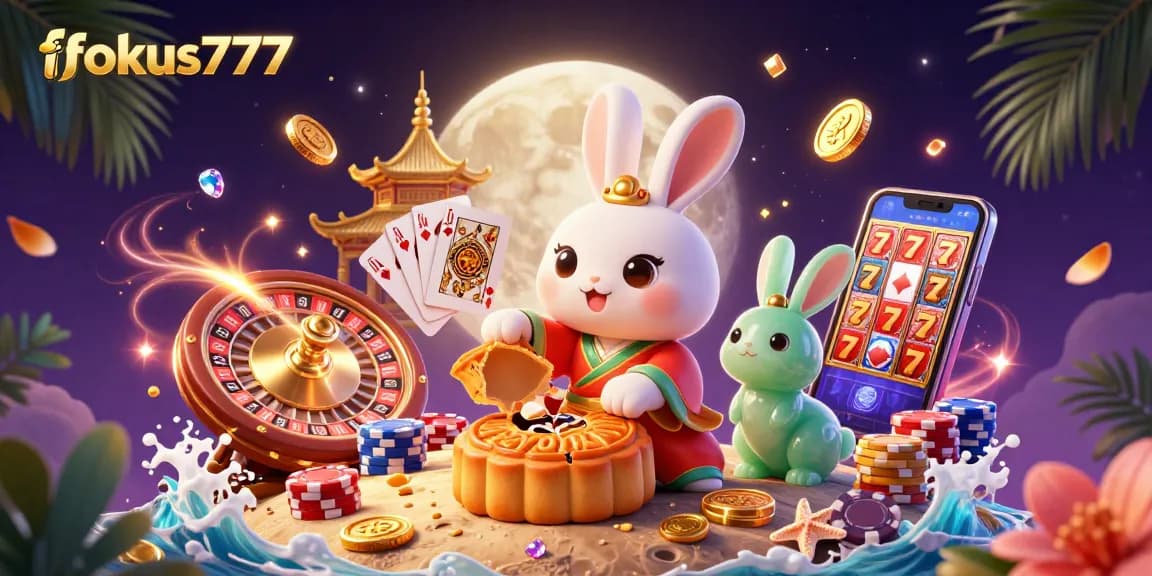Experience thrilling games with fokus777 featuring a moon rabbit, poker chips, and dynamic casino elements.