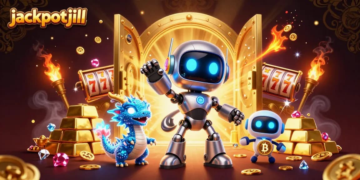 Jackpotjill showcases colorful 3D cartoon robots and slot elements in a vibrant casino scene.