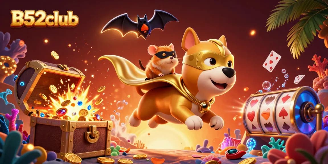 B52club characters flying high and winning gold in an exciting casino scene with rich game elements