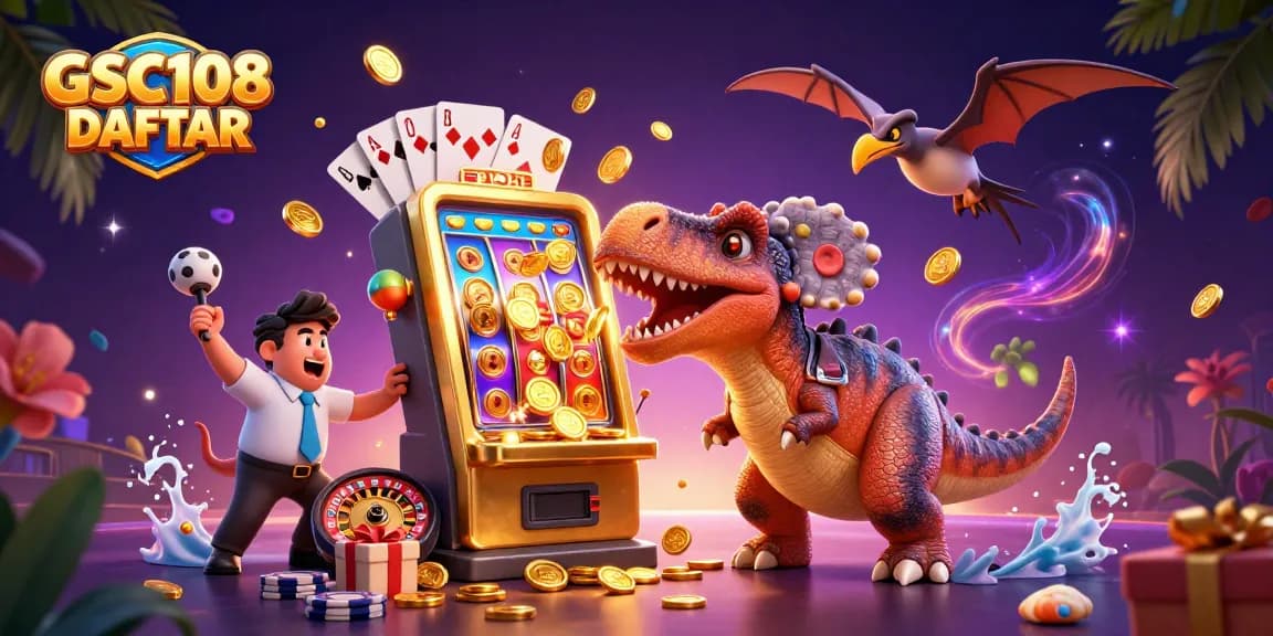 Experience GSC108 DAFTAR with cartoon dinosaurs interacting with a jackpot slot machine and flying coins.