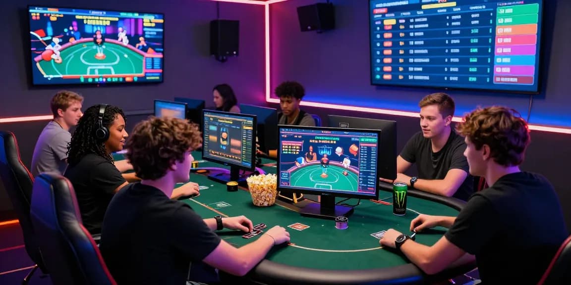 A group of friends enjoying their online poker game through Agen Poker Online, surrounded by vibrant LED lights and tournament stats.