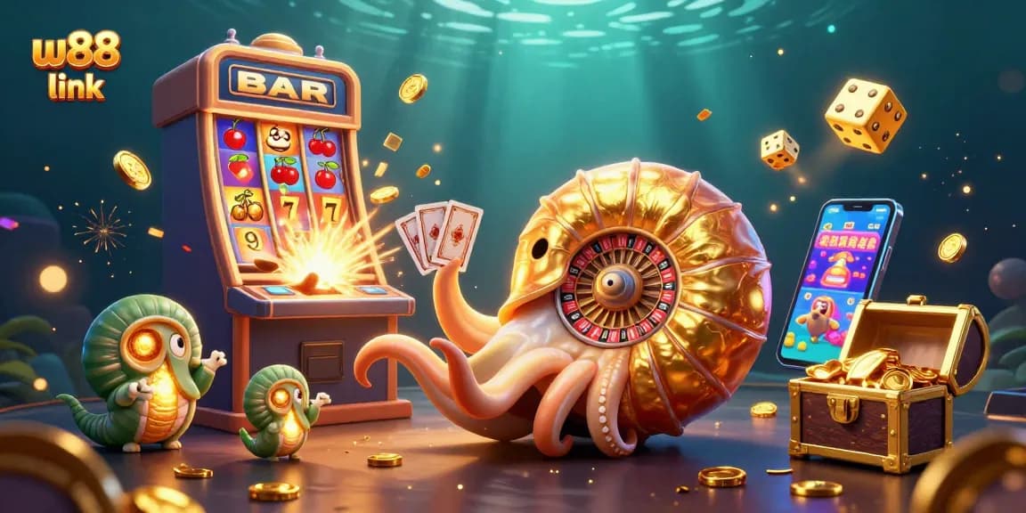 Engage with the w88 link through a vibrant 3D gaming illustration showcasing dynamic casino elements and characters.