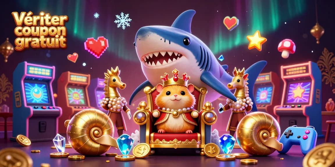 Vérifier coupon gratuit avec un roi hamster en or entouré de gardes hippocampes et de machines à sous lumineuses.