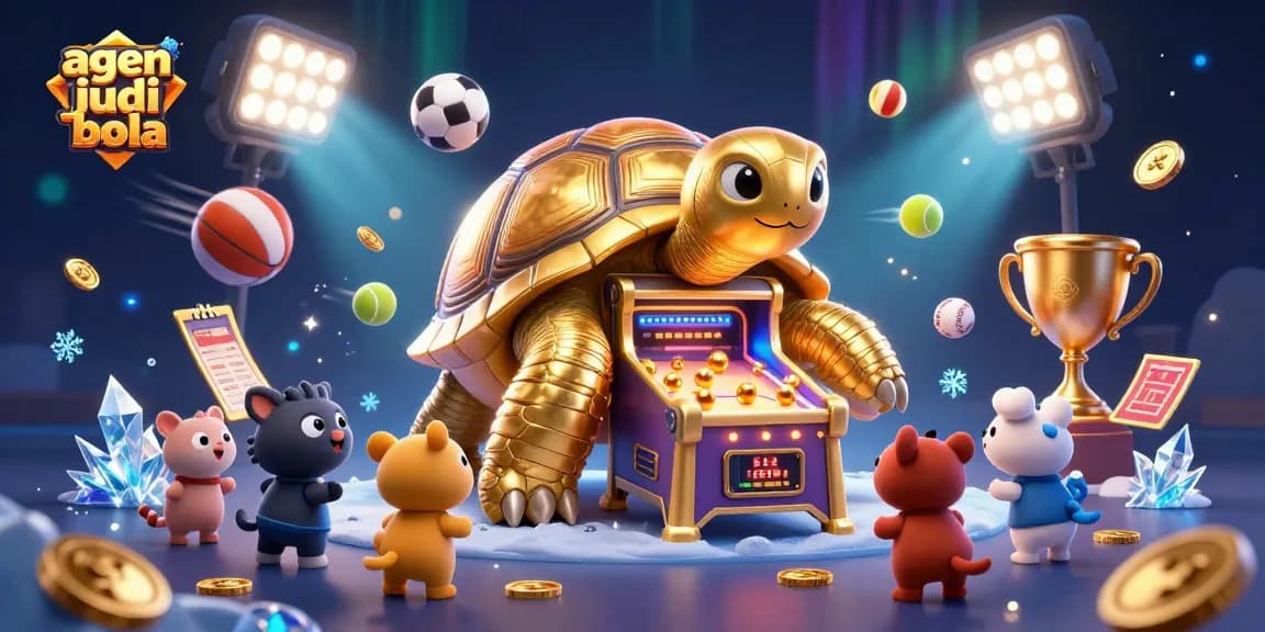 Engage with agen judi bola betting featuring a colossal tortoise pinball machine and dynamic sports elements.