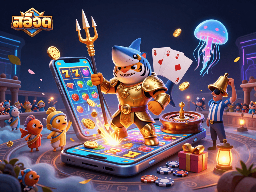 Spin colorful สล็อต game reels with a tiger shark in gladiator armor, surrounded by immersive casino elements.