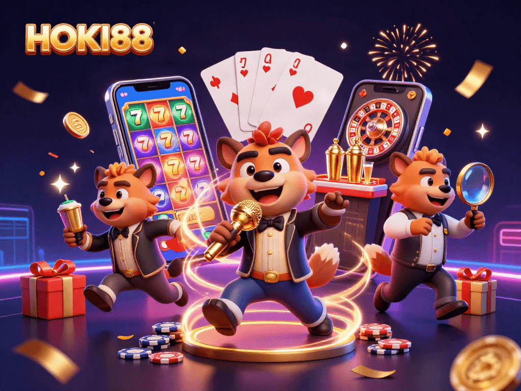 Engage in top-tier gaming fun with HOKI88 at a lively casino scene featuring hyenas.