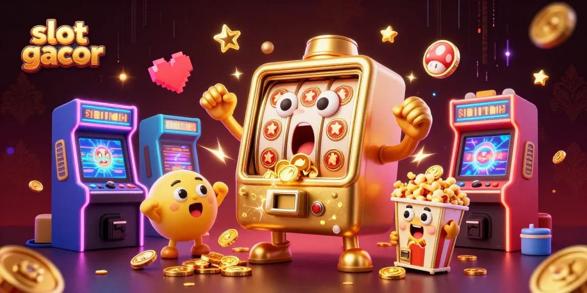 Experience slot gacor excitement as a golden slot machine wins a jackpot while baby slots cheer, all set in a vibrant casino scene.