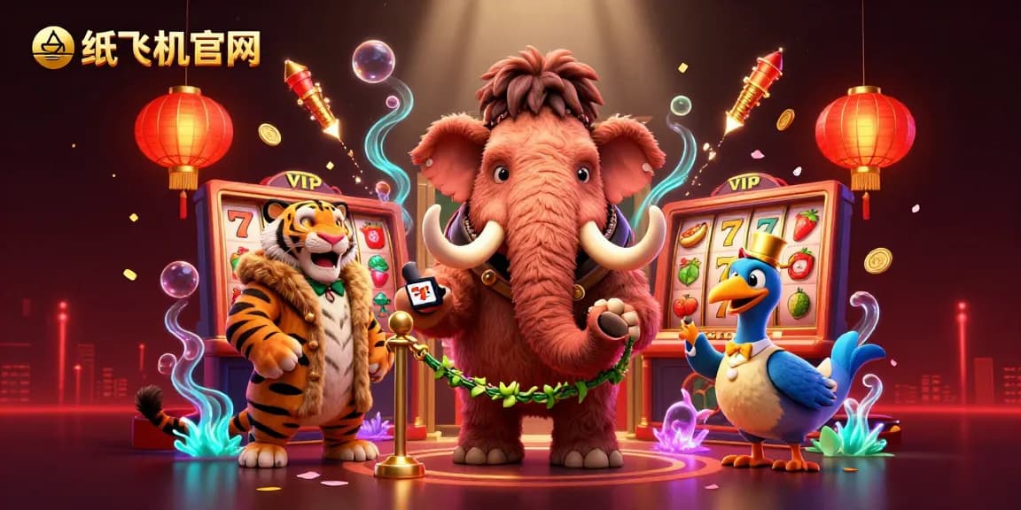 Engaging illustration featuring 纸飞机官网's festive casino atmosphere with lively characters, slot machines, and fireworks.