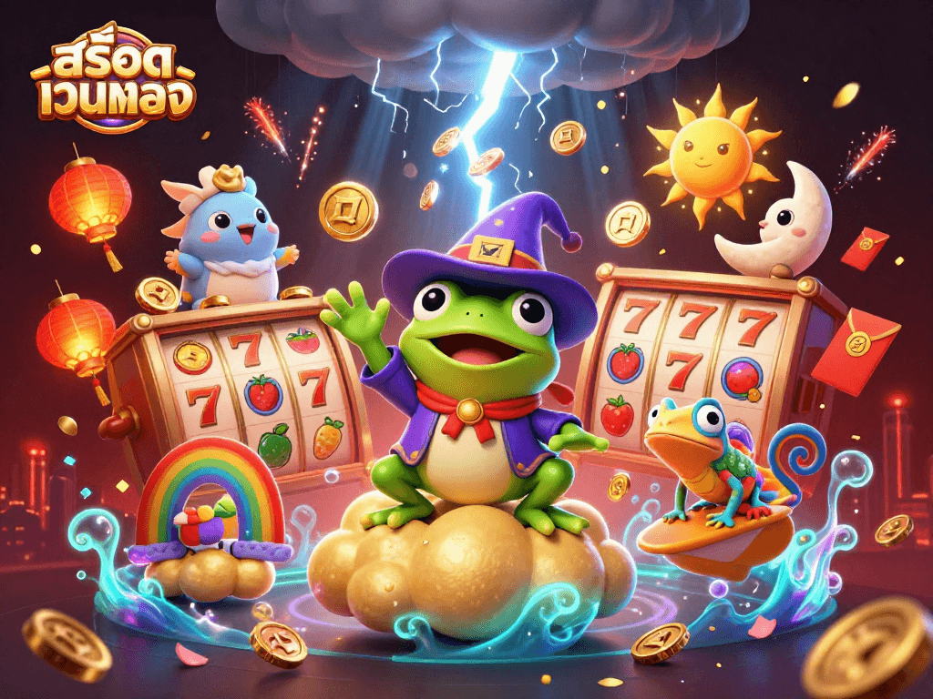 Experience the excitement of สล็อตเว็บตรง with vibrant 3D characters amidst a storm of winning coins.