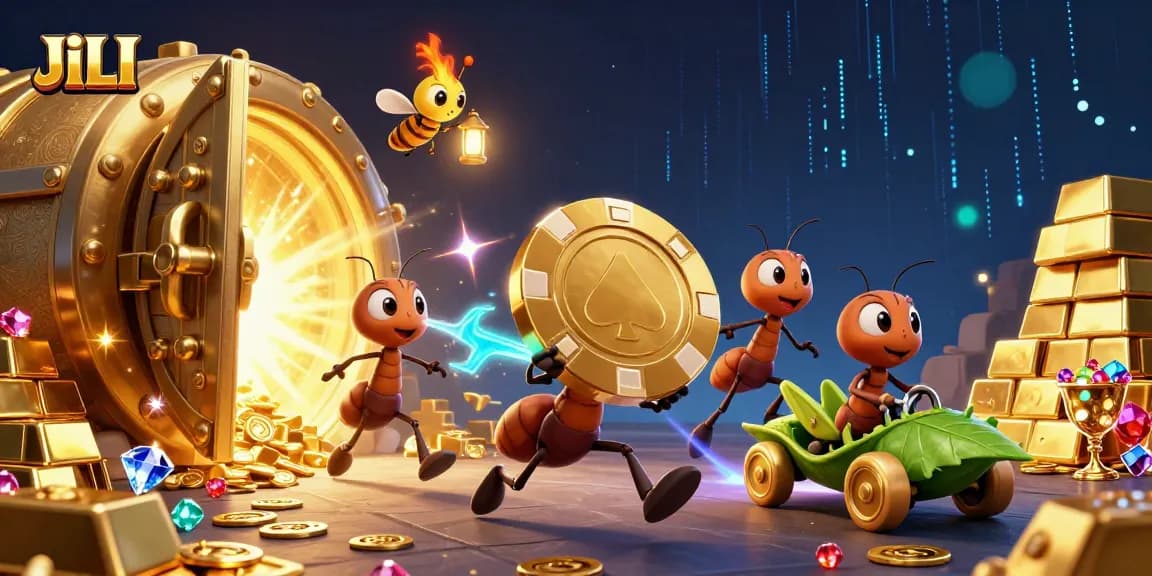 JILI menghadirkan suasana meriah dengan karakter semut 3D membawa chip poker emas di dalam terowongan, dikelilingi oleh harta karun.