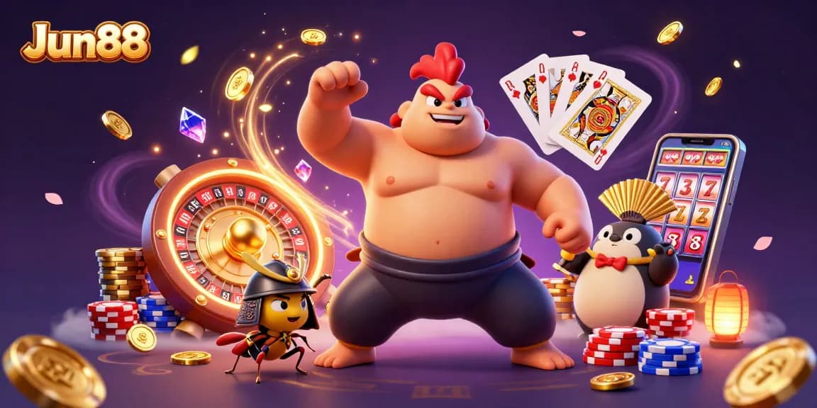Experience the excitement of Jun88's online casino with dynamic gaming elements and colorful characters.