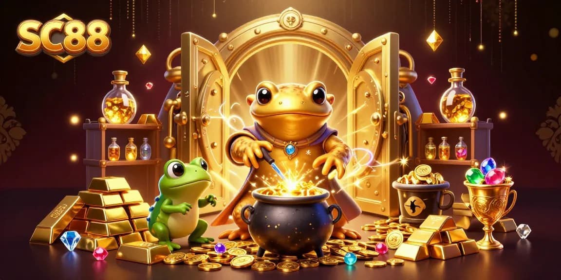 SC88 dazzlingly displays golden coins and treasures in a vibrant casino setting, showcasing its gaming opportunities.