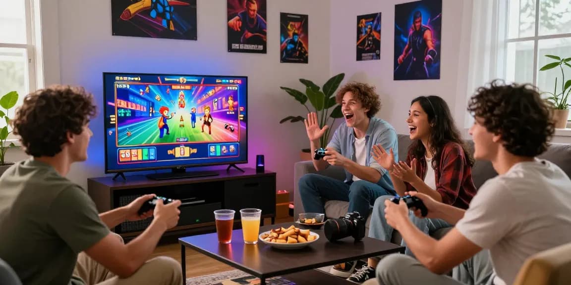 Friends enjoying link mpo777 gaming session in a cozy living room, vibrant atmosphere and exciting expressions.