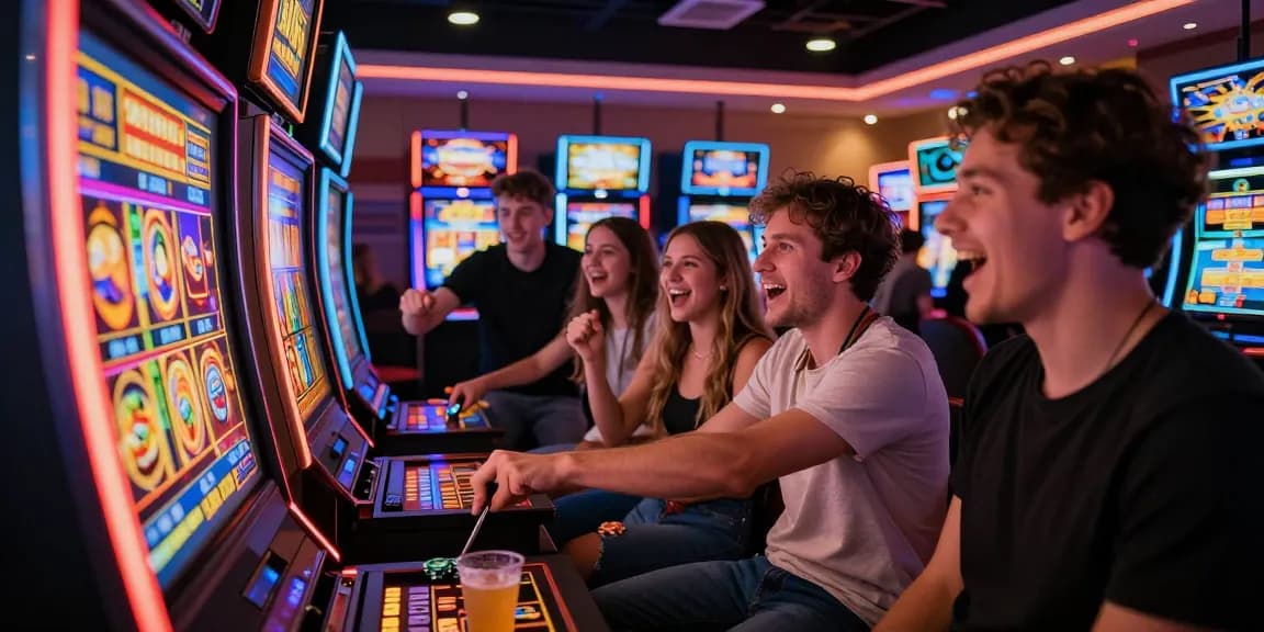 Kelompok teman merayakan kemenangan di mesin slot jackpot yang cerah dan berwarna-warni, menciptakan suasana penuh kegembiraan.