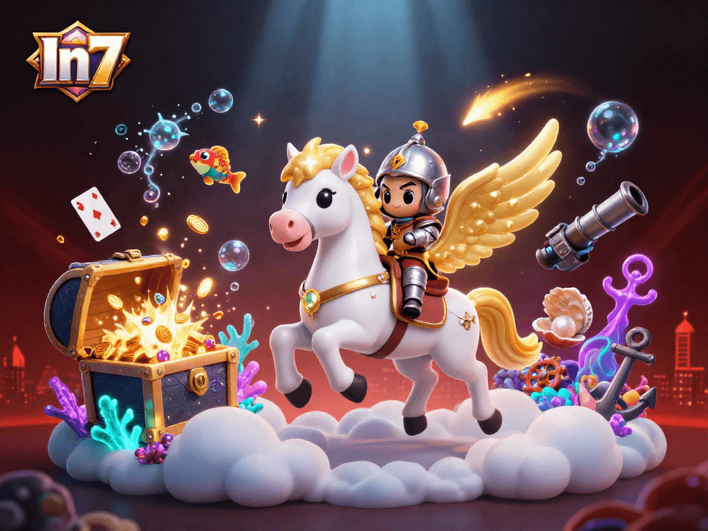 Engage with In7, featuring a vibrant 3D illustration of a celestial casino adventure.