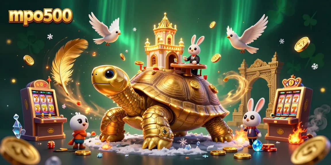 Engage with mpo500 in a vibrant 3D casino scene featuring a golden tortoise and vibrant game elements.