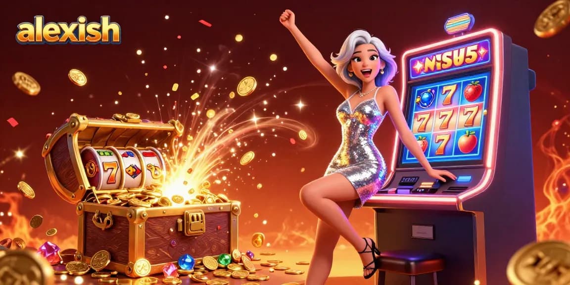 Spin the reels in excitement with alexish, featuring vibrant casino elements and celebrating jackpots.