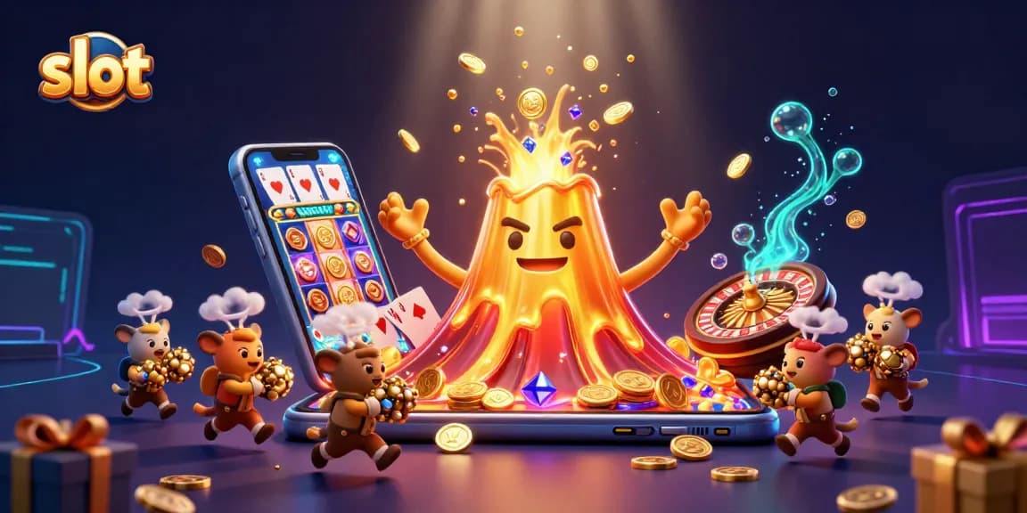 Putaran slot yang menggairahkan dengan letusan gunung berapi emas dan harta karun di sekitarnya