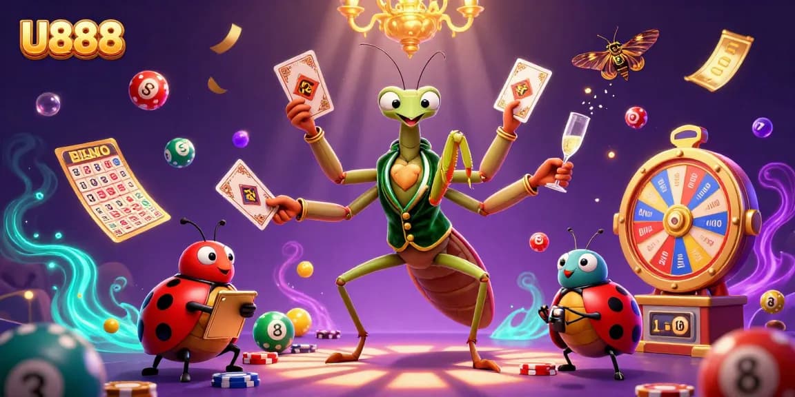 U888 showcases an exciting atmosphere with a cartoon praying mantis card dealer and vibrant gaming elements.