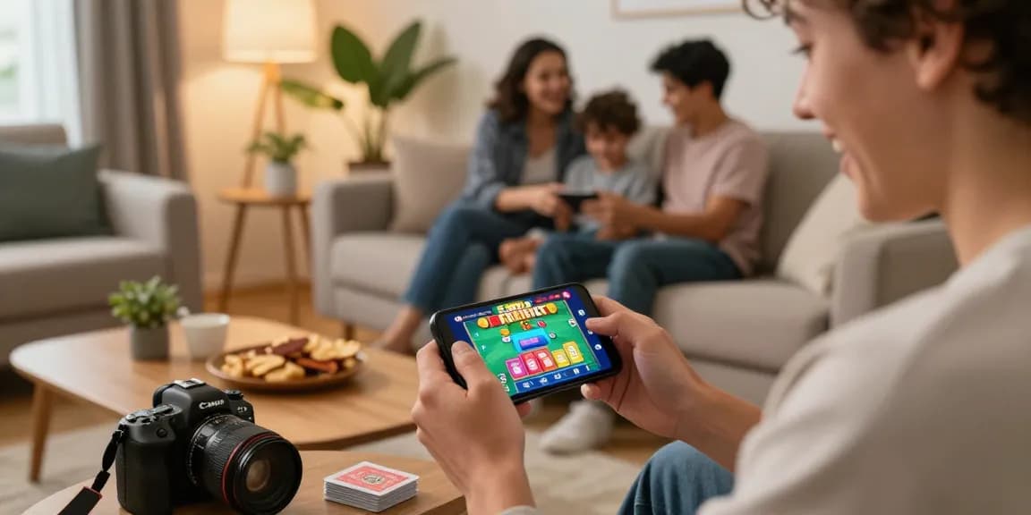 Engaged player enjoying the mobile version of Teen Patti Vegas in a cozy living room environment.