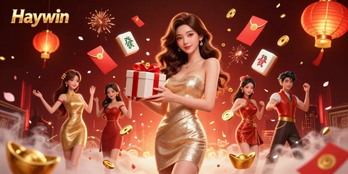 Enhance your gaming experience with Haywin while celebrating in a festive casino-themed illustration featuring dynamic elements.
