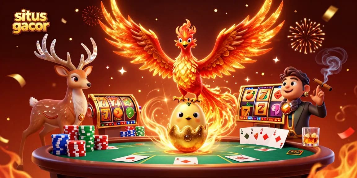Pemain situs gacor meraih jackpot dengan simbol slot, phoenix legendaris dan stag magis bersatu.