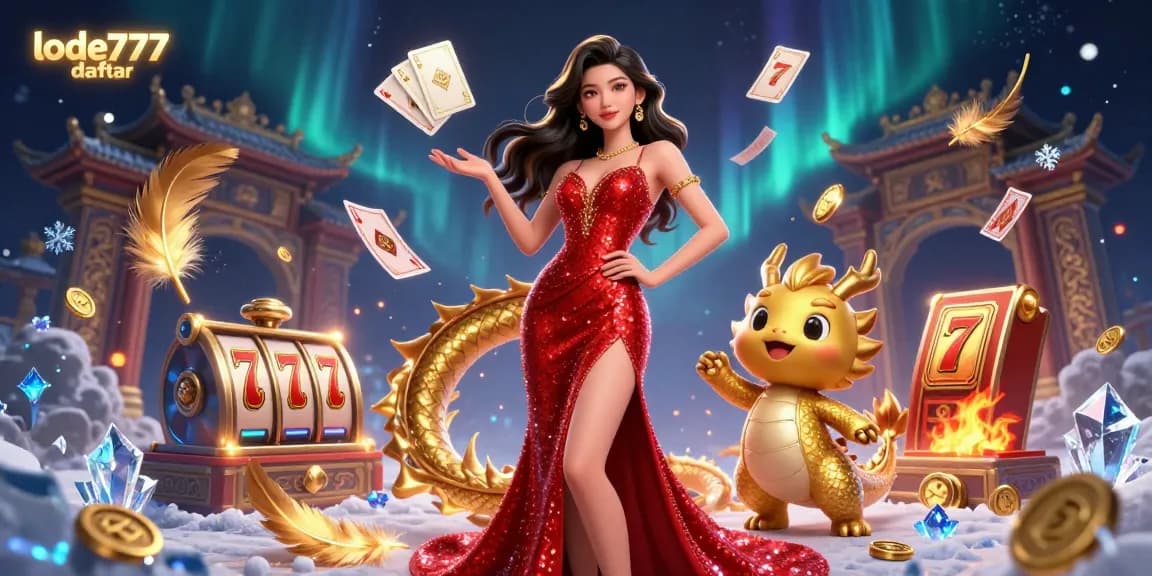 Join the excitement with lode777 daftar, featuring a stylish Asian woman alongside a golden dragon and slot game elements, for thrilling gaming fun.