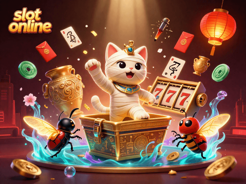 Jelajahi keseruan slot online di dunia kasino virtual dengan karakter kucing mummy dan elemen warna-warni.