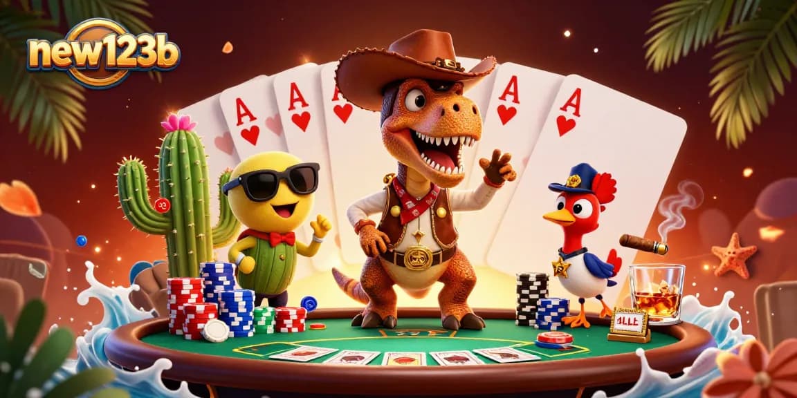 Engage with new123b for an exciting poker experience featuring a dynamic 3D cowboy dinosaur scene.