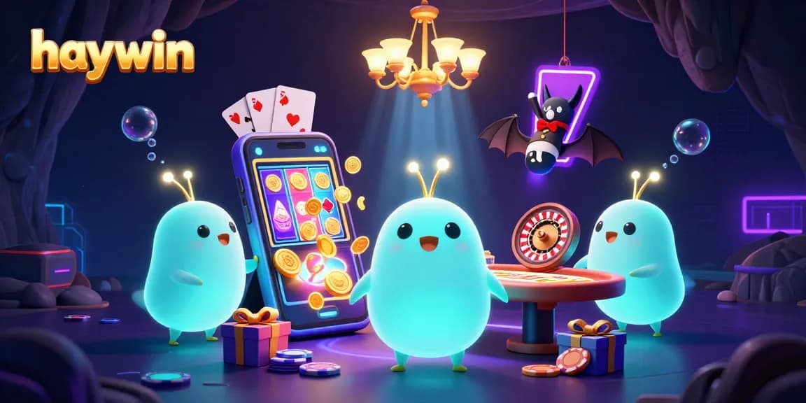 Play slots at Haywin while glowworms illuminate a vibrant casino scene.
