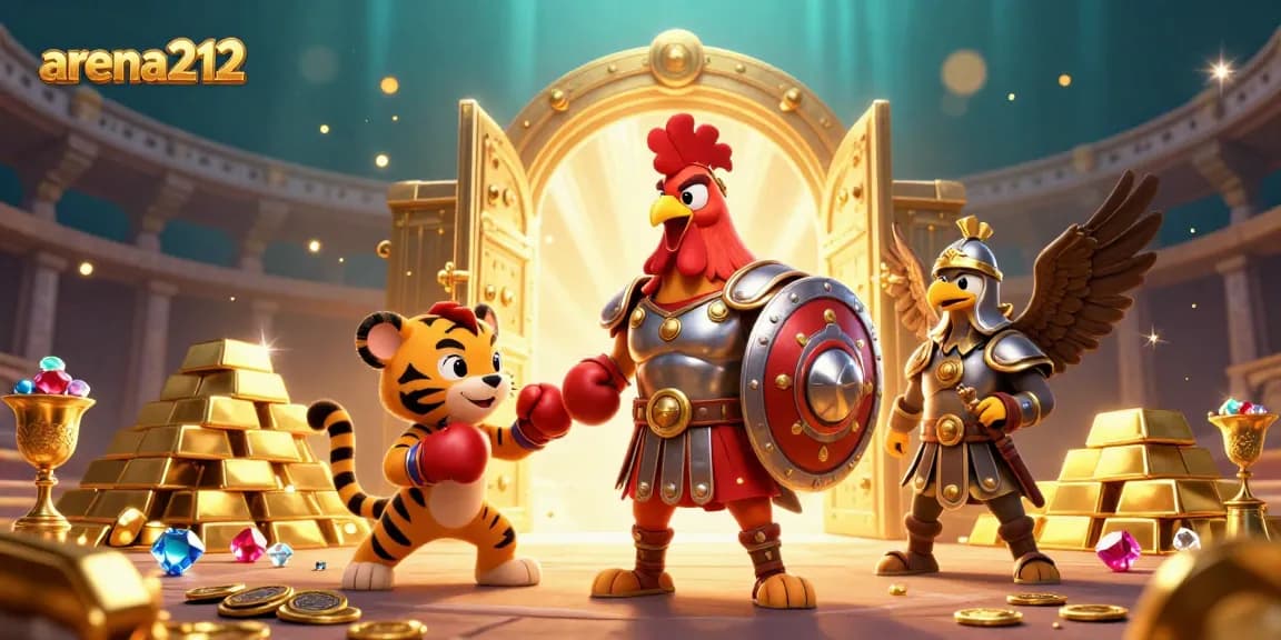 Menangkan permainan dengan arena212 dalam ilustrasi kasino yang kaya detail dan mata uang berkilauan.