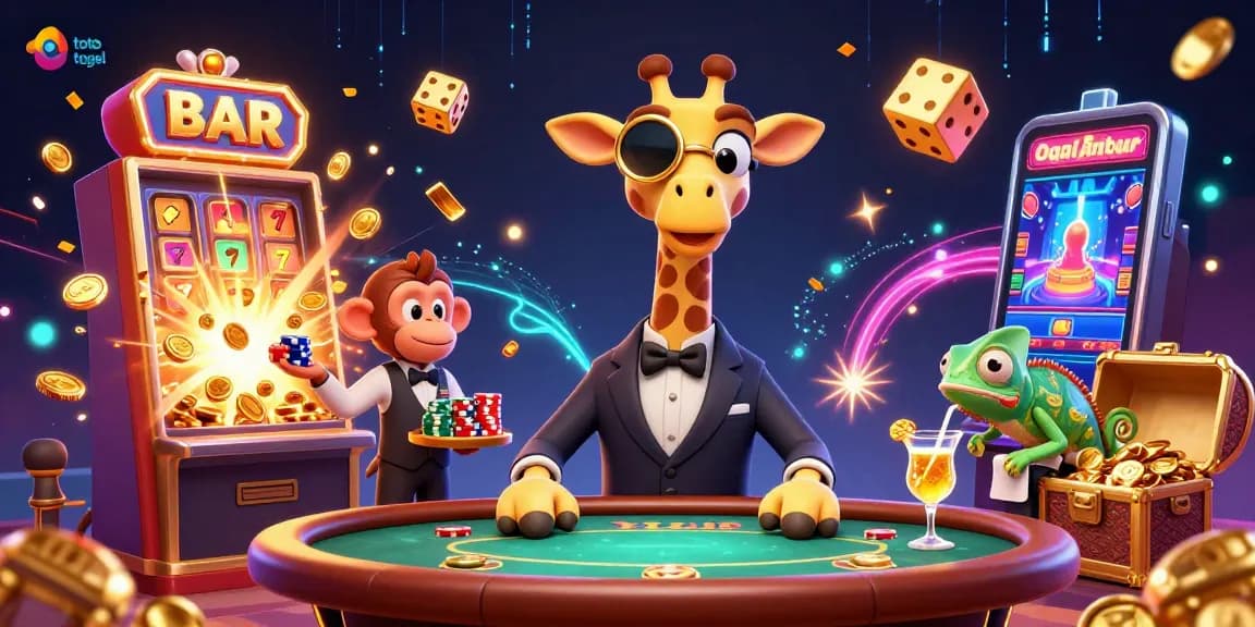Engage in toto togel excitement with a high-roller giraffe and dynamic casino elements in a thrilling 3D scene.