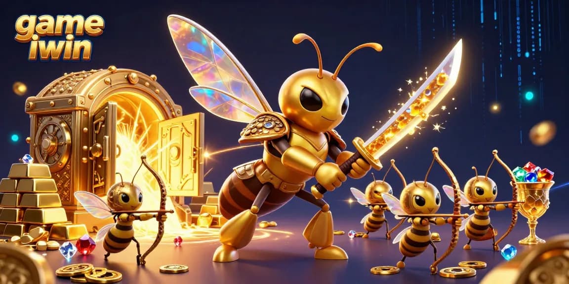 Engage with game iwin through an exciting casino-themed visual showcasing a vibrant scene of characters amidst treasures.